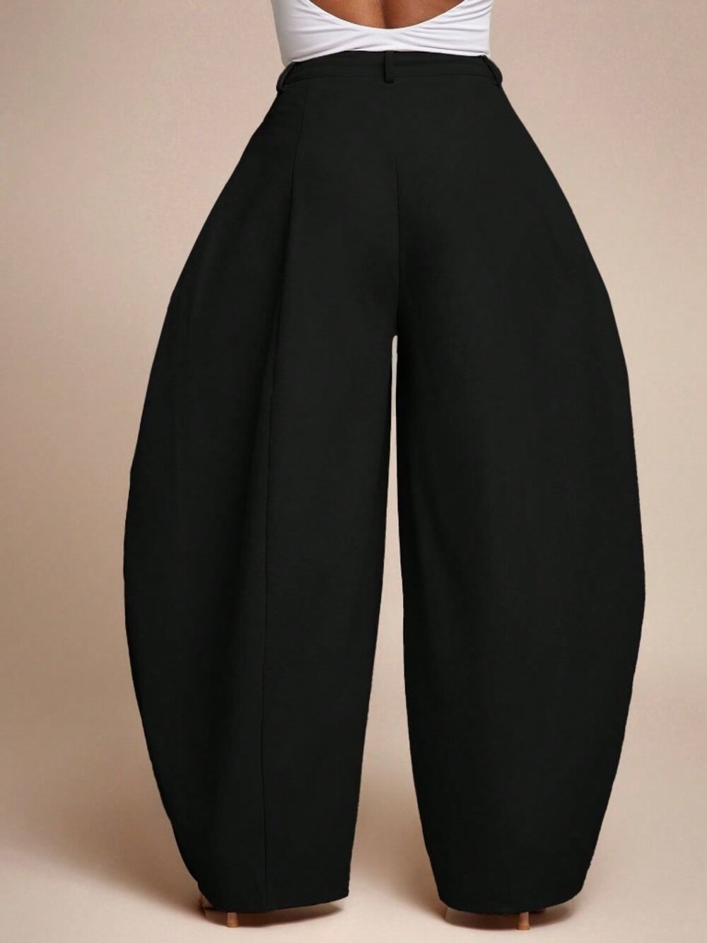 Black Elegant Women's Seam Detail High Waist Barrel Leg Office Pants - Picture 2 of 5